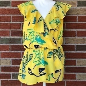 Halogen Ruffled Floral Print Short Sleeve Yellow Blue Sleeveless Shirt 👚